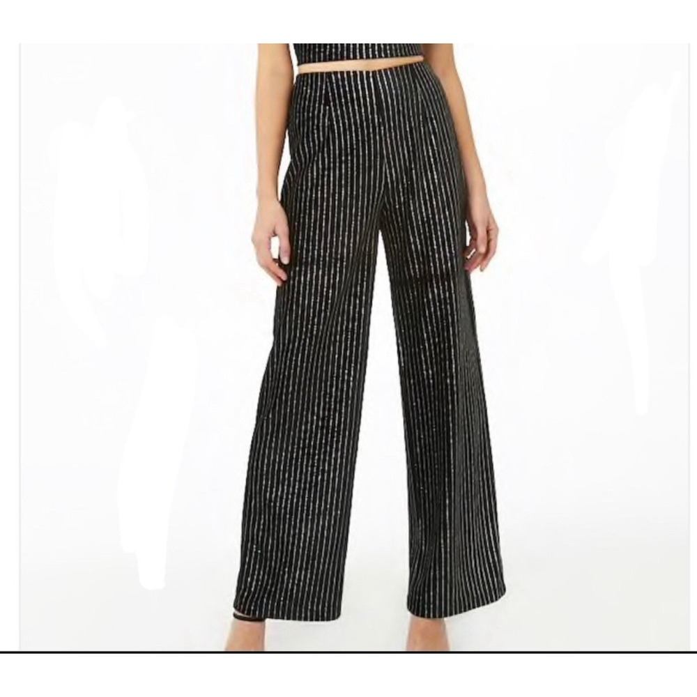 NWT Forever 21 Women's Metallic Black & Silver Velvet Wide Leg Pants Size Small